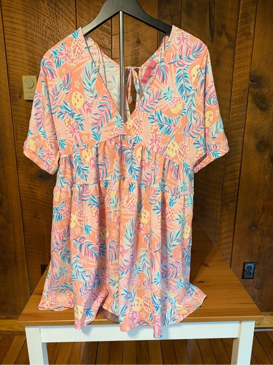 Simply Southern Tops - Simply Southern Pink Pineapple Tropical Palm Tiered Babydoll Dress Tunic S
